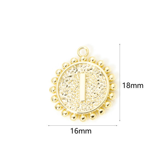 Image de 2 Pcs Breloques en Laiton Rond Plaqué Or 18K Alphabet Initial/ Lettre Majuscule Mots" I " Double Face 18mm x 16mm