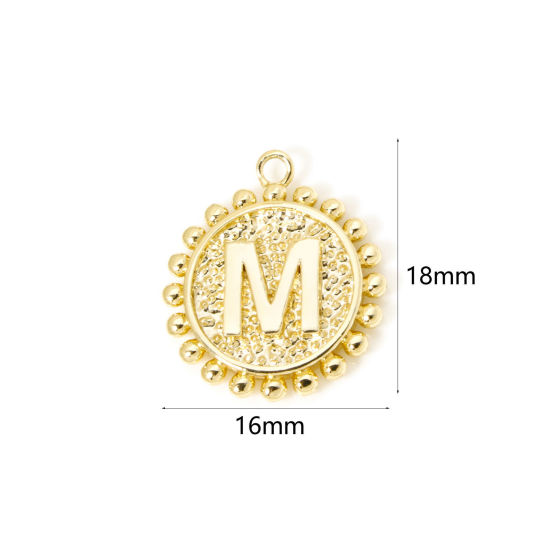 Image de 2 Pcs Breloques en Laiton Rond Plaqué Or 18K Alphabet Initial/ Lettre Majuscule Mots" M " Double Face 18mm x 16mm
