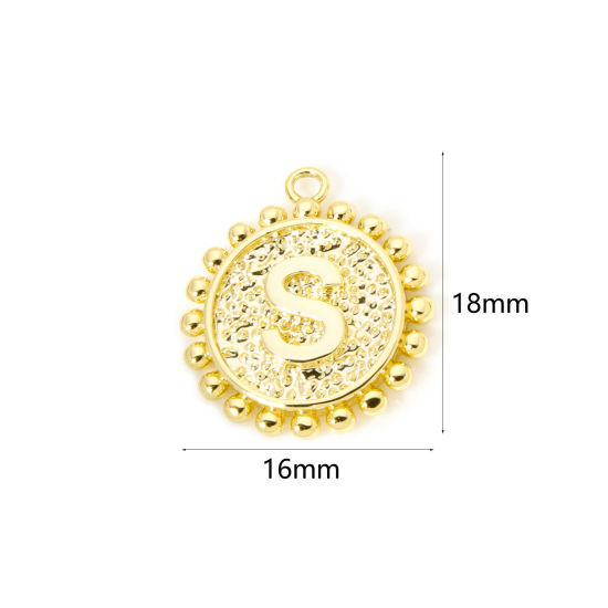 Image de 2 Pcs Breloques en Laiton Rond Plaqué Or 18K Alphabet Initial/ Lettre Majuscule Mots" S " Double Face 18mm x 16mm