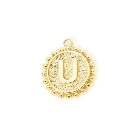 Image de 2 Pcs Breloques en Laiton Rond Plaqué Or 18K Alphabet Initial/ Lettre Majuscule Mots" U " Double Face 18mm x 16mm