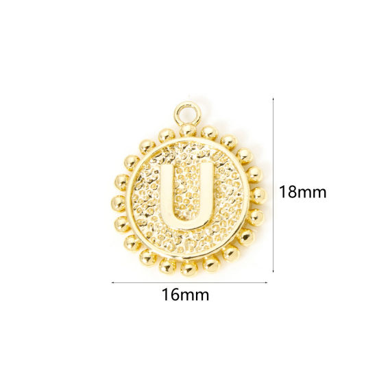Image de 2 Pcs Breloques en Laiton Rond Plaqué Or 18K Alphabet Initial/ Lettre Majuscule Mots" U " Double Face 18mm x 16mm