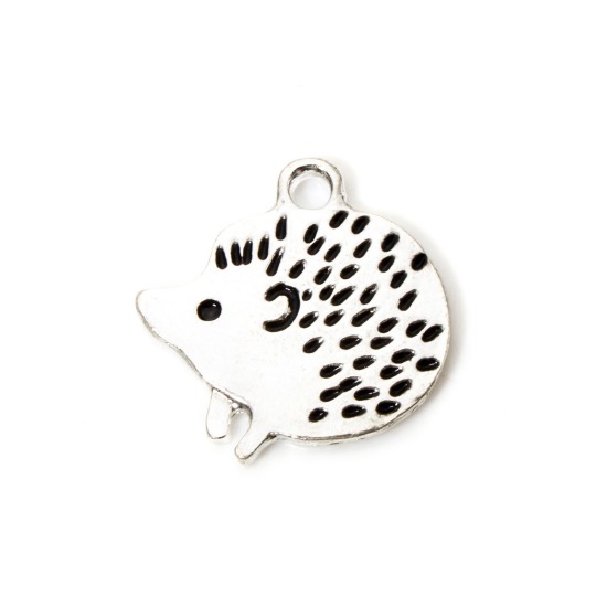 Picture of 10 PCs Zinc Based Alloy Charms Silver Plated Black Hedgehog Enamel 19mm x 19mm