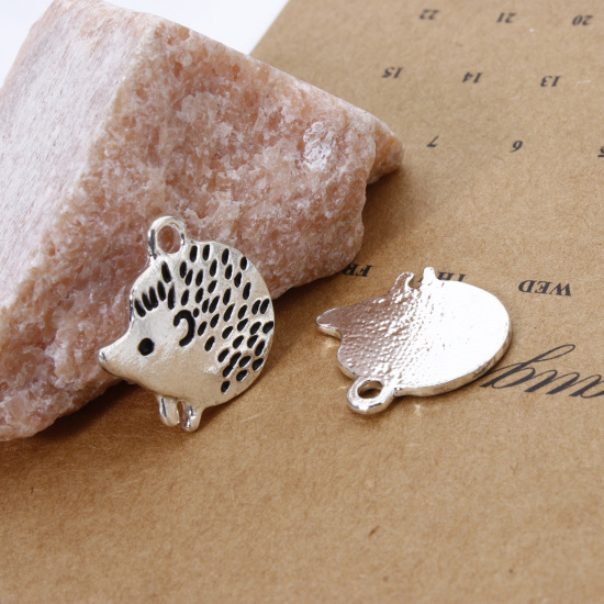 Picture of 10 PCs Zinc Based Alloy Charms Silver Plated Black Hedgehog Enamel 19mm x 19mm