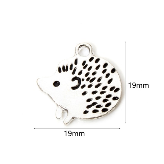 Picture of 10 PCs Zinc Based Alloy Charms Silver Plated Black Hedgehog Enamel 19mm x 19mm