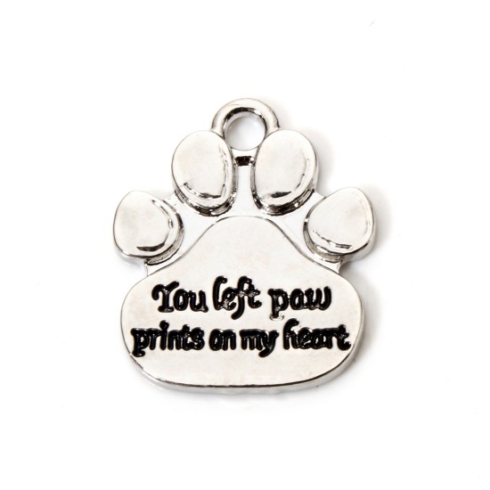 Picture of 10 PCs Zinc Based Alloy Pet Memorial Charms Silver Plated Black Dog's Paw Enamel You left paw prints on my heart 22mm x 19mm