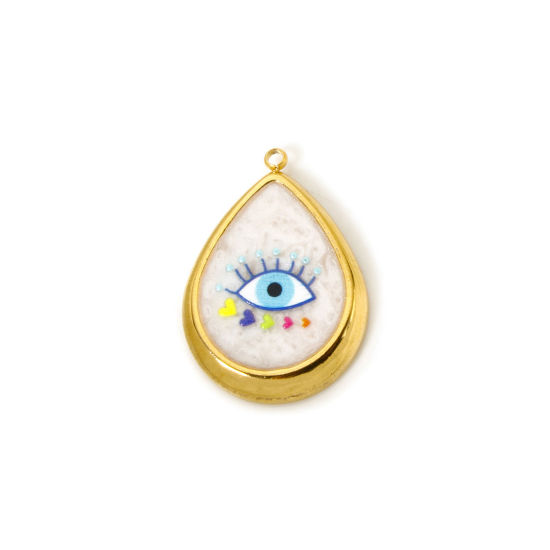 Image de 1 Pièce Breloques en 304 Acier Inoxydable Revêtement sous Vide PVD Respectueux de l'Environnement Religieux Goutte d'Eau Plaqué Or Véritable 18K Blanc & Bleu Œil Mauvais Émail 26mm x 19mm