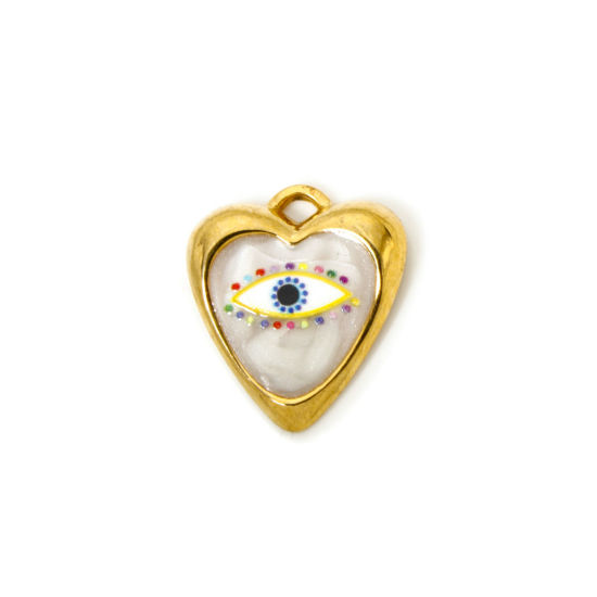 Image de 1 Pièce Breloques en 304 Acier Inoxydable Revêtement sous Vide PVD Respectueux de l'Environnement Religieux Cœur Plaqué Or Véritable 18K Blanc Œil Mauvais Émail 21mm x 19mm