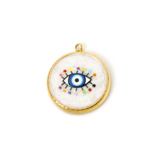 Image de 1 Pièce Breloques en 304 Acier Inoxydable Revêtement sous Vide PVD Respectueux de l'Environnement Religieux Rond Plaqué Or Véritable 18K Blanc & Bleu Œil Mauvais Émail 21mm x 18mm