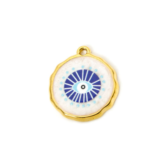 Image de 1 Pièce Breloques en 304 Acier Inoxydable Revêtement sous Vide PVD Respectueux de l'Environnement Religieux Rond Plaqué Or Véritable 18K Blanc & Bleu Œil Mauvais Émail 27mm x 25mm