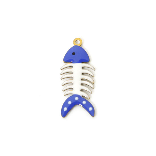 Picture of 5 PCs Brass Enamelled Sequins Charms Brass Color White & Blue Fish Bone Enamel 28mm x 12mm