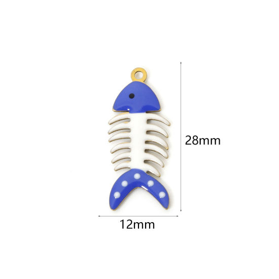 Picture of 5 PCs Brass Enamelled Sequins Charms Brass Color White & Blue Fish Bone Enamel 28mm x 12mm