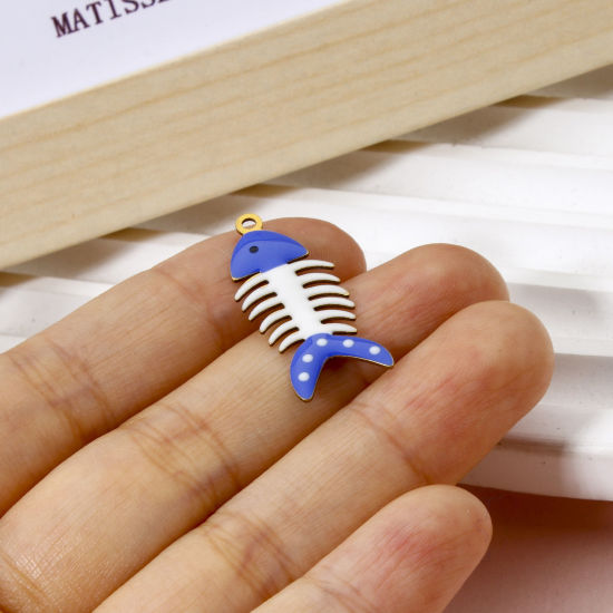 Picture of 5 PCs Brass Enamelled Sequins Charms Brass Color White & Blue Fish Bone Enamel 28mm x 12mm