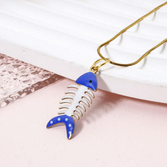 Picture of 5 PCs Brass Enamelled Sequins Charms Brass Color White & Blue Fish Bone Enamel 28mm x 12mm