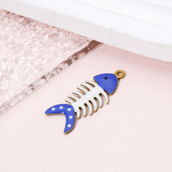 Picture of 5 PCs Brass Enamelled Sequins Charms Brass Color White & Blue Fish Bone Enamel 28mm x 12mm