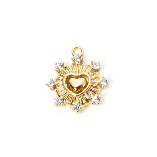 Picture of 2 PCs Eco-friendly Brass Valentine's Day Charms 18K Real Gold Plated Heart Sun Rays Clear Cubic Zirconia 14mm x 12mm