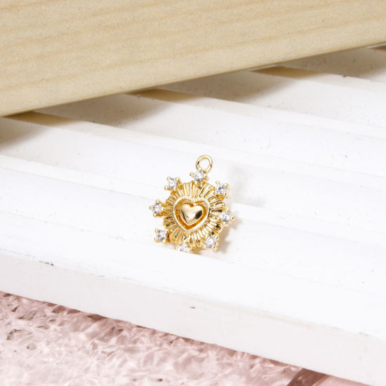 Picture of 2 PCs Eco-friendly Brass Valentine's Day Charms 18K Real Gold Plated Heart Sun Rays Clear Cubic Zirconia 14mm x 12mm