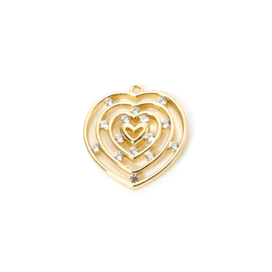 Picture of 2 PCs Eco-friendly Brass Valentine's Day Charms 18K Real Gold Plated Heart Hollow Clear Cubic Zirconia 18mm x 16mm