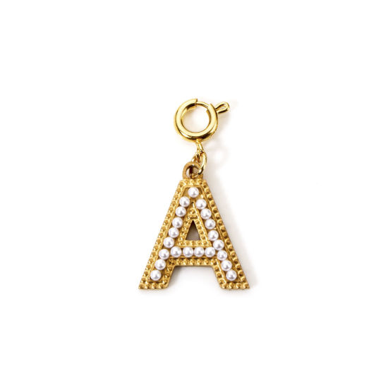 Picture of 1 Piece Eco-friendly PVD Vacuum Plating 304 Stainless Steel Charms 18K Gold Plated Capital Alphabet Initial Letter Message " A " Acrylic Imitation Pearl 27mm x 12mm