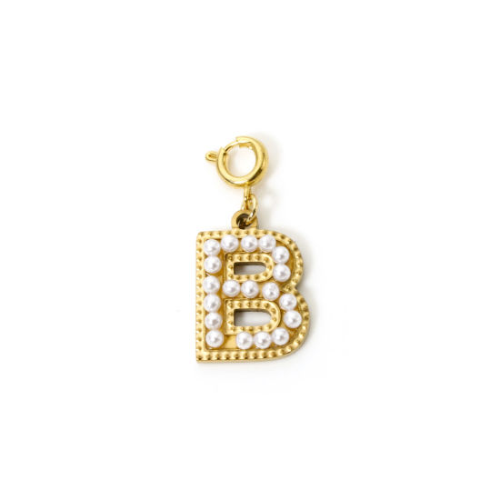 Picture of 1 Piece Eco-friendly PVD Vacuum Plating 304 Stainless Steel Charms 18K Gold Plated Capital Alphabet Initial Letter Message " B " Acrylic Imitation Pearl 27mm x 12mm