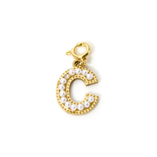Picture of 1 Piece Eco-friendly PVD Vacuum Plating 304 Stainless Steel Charms 18K Gold Plated Capital Alphabet Initial Letter Message " C " Acrylic Imitation Pearl 27mm x 12mm