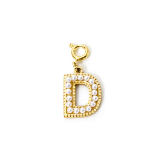 Picture of 1 Piece Eco-friendly PVD Vacuum Plating 304 Stainless Steel Charms 18K Gold Plated Capital Alphabet Initial Letter Message " D " Acrylic Imitation Pearl 27mm x 12mm