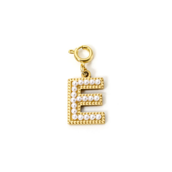 Picture of 1 Piece Eco-friendly PVD Vacuum Plating 304 Stainless Steel Charms 18K Gold Plated Capital Alphabet Initial Letter Message " E " Acrylic Imitation Pearl 27mm x 12mm