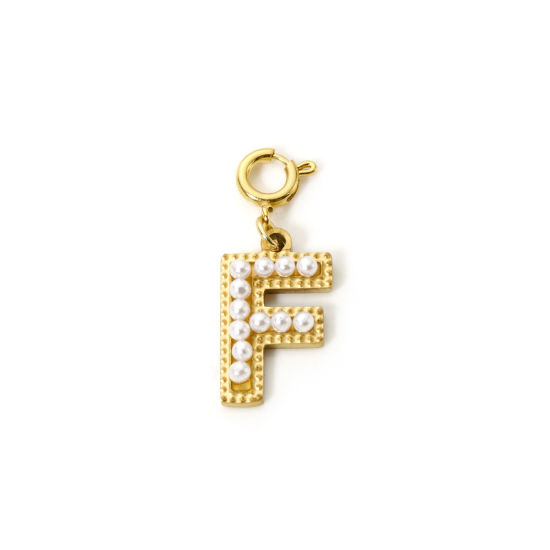 Picture of 1 Piece Eco-friendly PVD Vacuum Plating 304 Stainless Steel Charms 18K Gold Plated Capital Alphabet Initial Letter Message " F " Acrylic Imitation Pearl 27mm x 12mm
