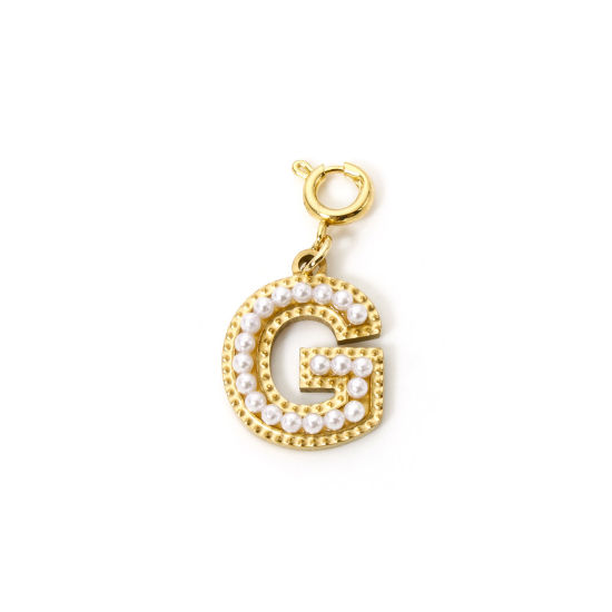Picture of 1 Piece Eco-friendly PVD Vacuum Plating 304 Stainless Steel Charms 18K Gold Plated Capital Alphabet Initial Letter Message " G " Acrylic Imitation Pearl 27mm x 12mm