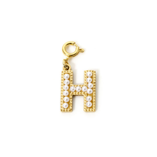 Picture of 1 Piece Eco-friendly PVD Vacuum Plating 304 Stainless Steel Charms 18K Gold Plated Capital Alphabet Initial Letter Message " H " Acrylic Imitation Pearl 27mm x 12mm