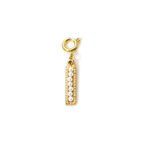 Picture of 1 Piece Eco-friendly PVD Vacuum Plating 304 Stainless Steel Charms 18K Gold Plated Capital Alphabet Initial Letter Message " I " Acrylic Imitation Pearl 27mm x 12mm