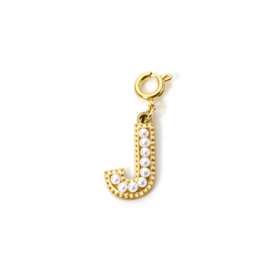 Picture of 1 Piece Eco-friendly PVD Vacuum Plating 304 Stainless Steel Charms 18K Gold Plated Capital Alphabet Initial Letter Message " J " Acrylic Imitation Pearl 27mm x 12mm