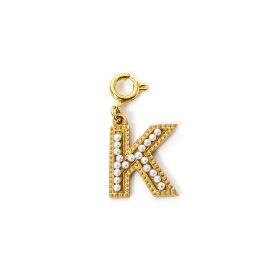 Picture of 1 Piece Eco-friendly PVD Vacuum Plating 304 Stainless Steel Charms 18K Gold Plated Capital Alphabet Initial Letter Message " K " Acrylic Imitation Pearl 27mm x 12mm