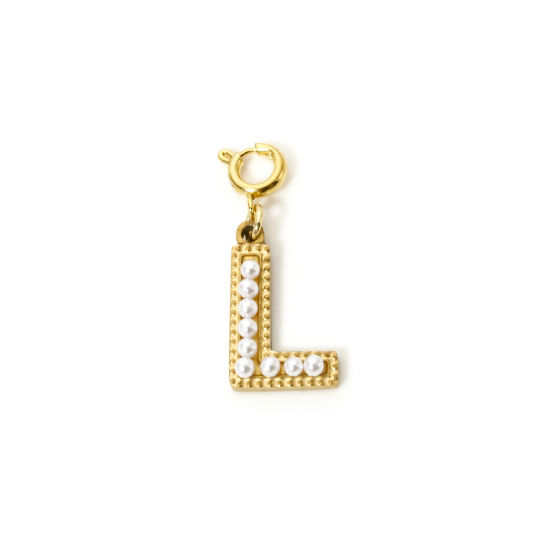 Picture of 1 Piece Eco-friendly PVD Vacuum Plating 304 Stainless Steel Charms 18K Gold Plated Capital Alphabet Initial Letter Message " L " Acrylic Imitation Pearl 27mm x 12mm
