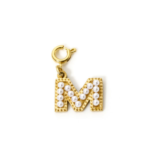 Picture of 1 Piece Eco-friendly PVD Vacuum Plating 304 Stainless Steel Charms 18K Gold Plated Capital Alphabet Initial Letter Message " M " Acrylic Imitation Pearl 27mm x 12mm