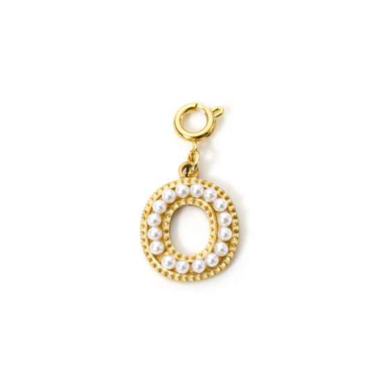 Picture of 1 Piece Eco-friendly PVD Vacuum Plating 304 Stainless Steel Charms 18K Gold Plated Capital Alphabet Initial Letter Message " O " Acrylic Imitation Pearl 27mm x 12mm