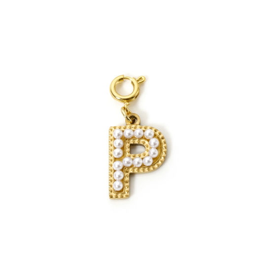 Picture of 1 Piece Eco-friendly PVD Vacuum Plating 304 Stainless Steel Charms 18K Gold Plated Capital Alphabet Initial Letter Message " P " Acrylic Imitation Pearl 27mm x 12mm