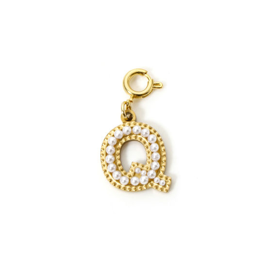 Picture of 1 Piece Eco-friendly PVD Vacuum Plating 304 Stainless Steel Charms 18K Gold Plated Capital Alphabet Initial Letter Message " Q " Acrylic Imitation Pearl 27mm x 12mm
