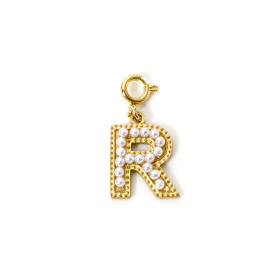 Picture of 1 Piece Eco-friendly PVD Vacuum Plating 304 Stainless Steel Charms 18K Gold Plated Capital Alphabet Initial Letter Message " R " Acrylic Imitation Pearl 27mm x 12mm