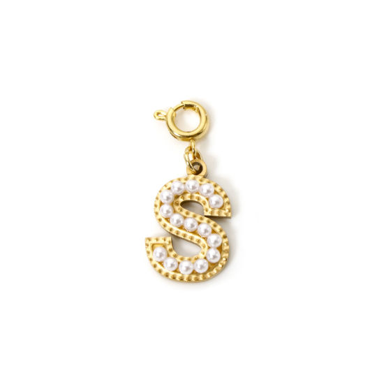 Picture of 1 Piece Eco-friendly PVD Vacuum Plating 304 Stainless Steel Charms 18K Gold Plated Capital Alphabet Initial Letter Message " S " Acrylic Imitation Pearl 27mm x 12mm
