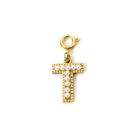 Picture of 1 Piece Eco-friendly PVD Vacuum Plating 304 Stainless Steel Charms 18K Gold Plated Capital Alphabet Initial Letter Message " T " Acrylic Imitation Pearl 27mm x 12mm