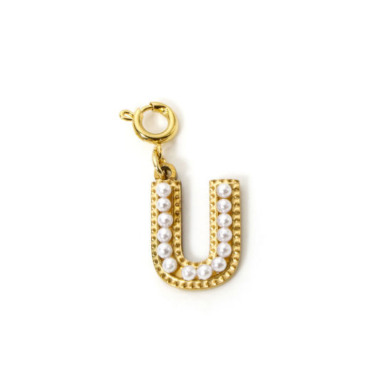 Picture of 1 Piece Eco-friendly PVD Vacuum Plating 304 Stainless Steel Charms 18K Gold Plated Capital Alphabet Initial Letter Message " U " Acrylic Imitation Pearl 27mm x 12mm
