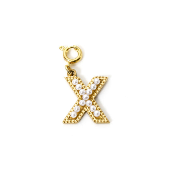 Picture of 1 Piece Eco-friendly PVD Vacuum Plating 304 Stainless Steel Charms 18K Gold Plated Capital Alphabet Initial Letter Message " X " Acrylic Imitation Pearl 27mm x 12mm