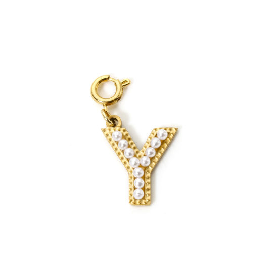Picture of 1 Piece Eco-friendly PVD Vacuum Plating 304 Stainless Steel Charms 18K Gold Plated Capital Alphabet Initial Letter Message " Y " Acrylic Imitation Pearl 27mm x 12mm