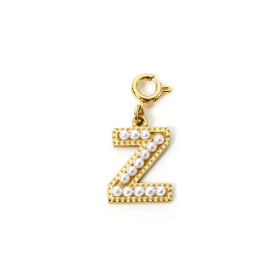 Picture of 1 Piece Eco-friendly PVD Vacuum Plating 304 Stainless Steel Charms 18K Gold Plated Capital Alphabet Initial Letter Message " Z " Acrylic Imitation Pearl 27mm x 12mm