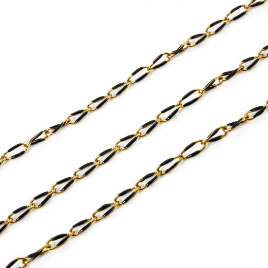 Picture of 1 M Eco-friendly 201 Stainless Steel Enamel Curb Link Chain For Handmade DIY Jewelry Making Findings Gold Plated Black 9x4mm