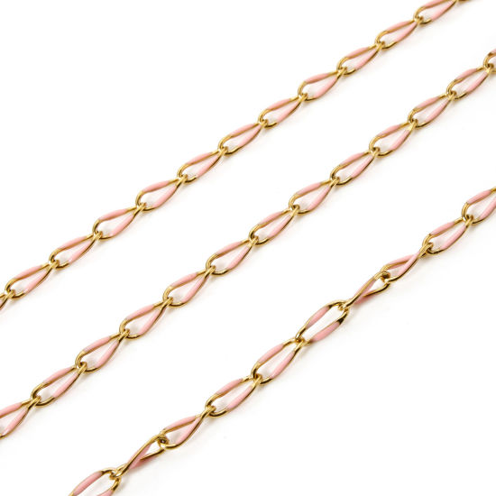 Picture of 1 M Eco-friendly 201 Stainless Steel Enamel Curb Link Chain For Handmade DIY Jewelry Making Findings Gold Plated Pink 9x4mm
