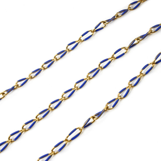Picture of 1 M Eco-friendly 201 Stainless Steel Enamel Curb Link Chain For Handmade DIY Jewelry Making Findings Gold Plated Royal Blue 9x4mm