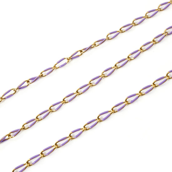 Picture of 1 M Eco-friendly 201 Stainless Steel Enamel Curb Link Chain For Handmade DIY Jewelry Making Findings Gold Plated Purple 9x4mm