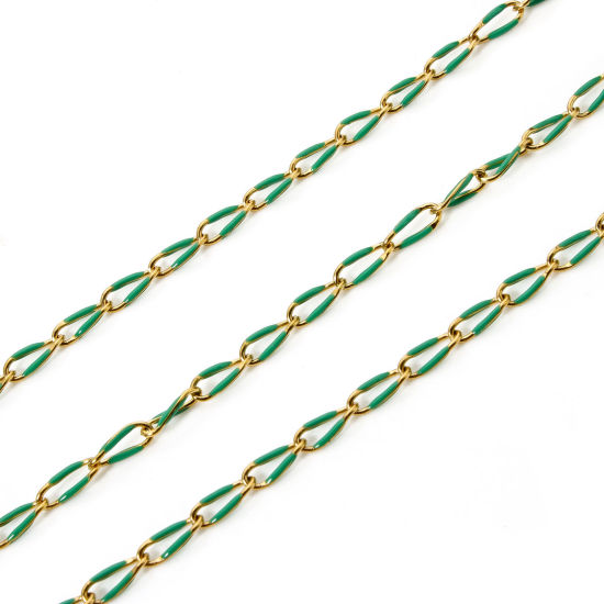 Picture of 1 M Eco-friendly 201 Stainless Steel Enamel Curb Link Chain For Handmade DIY Jewelry Making Findings Gold Plated Green 9x4mm