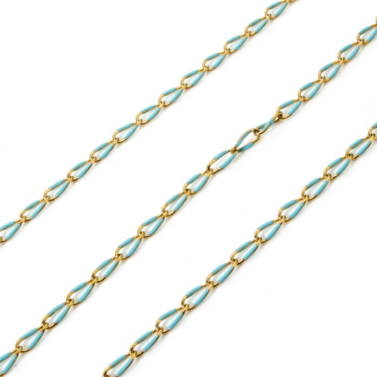 Picture of 1 M Eco-friendly 201 Stainless Steel Enamel Curb Link Chain For Handmade DIY Jewelry Making Findings Gold Plated Lake Blue 9x4mm